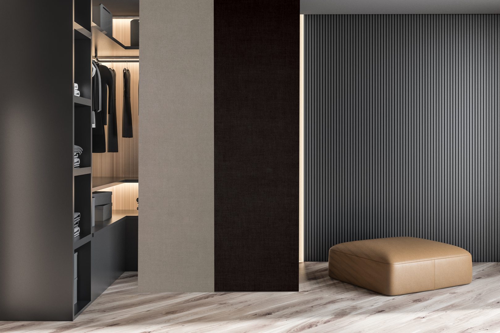 Modern wooden wardrobe with clothes hanging on rail in walk in closet design interior. 3D render